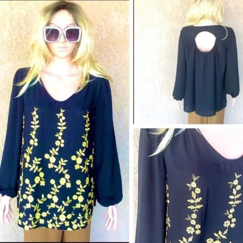 Beige by eci Black Gold Boho Long Sleeve Top Gold Leaf Sz L #364